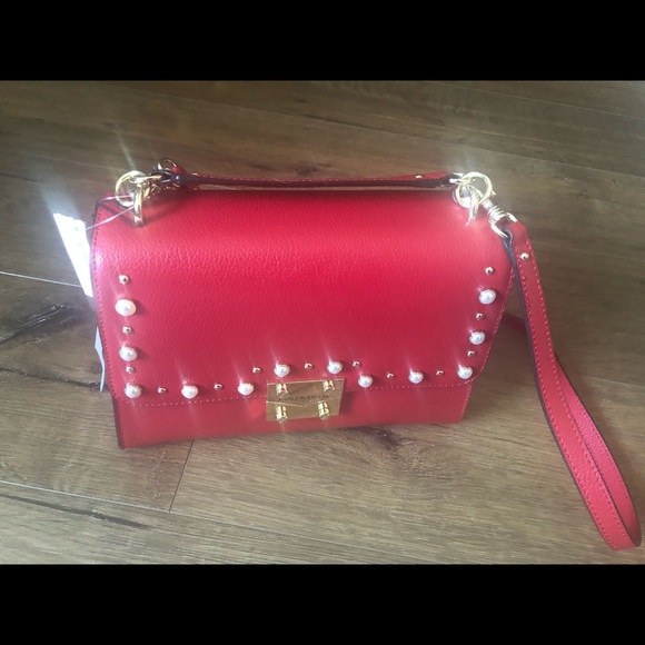 KARL LAGERFELD-NWT Red Leather Crossbody Handbag with Pearl Accents - Picture 16 of 16